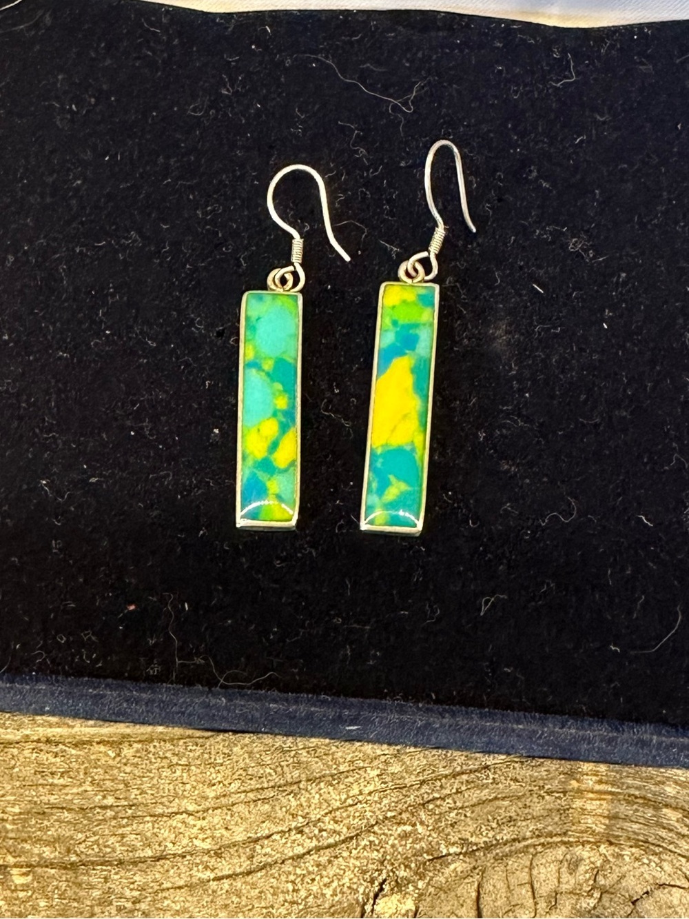 Blue Green Marble Rectangle 925 Silver Earrings